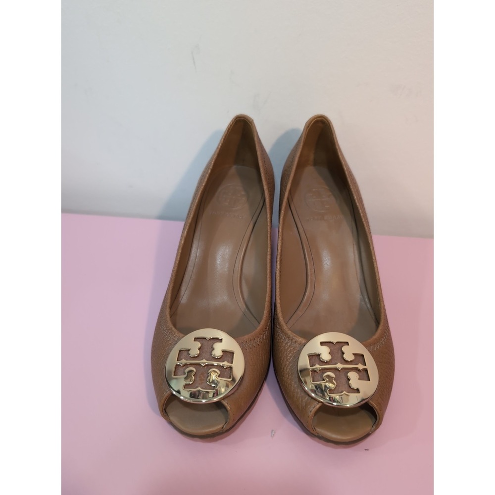 Tory Burch Peep Toe Wedge Sally 2 Sz 7.5 Royal Tan/Gold Leather Designer New